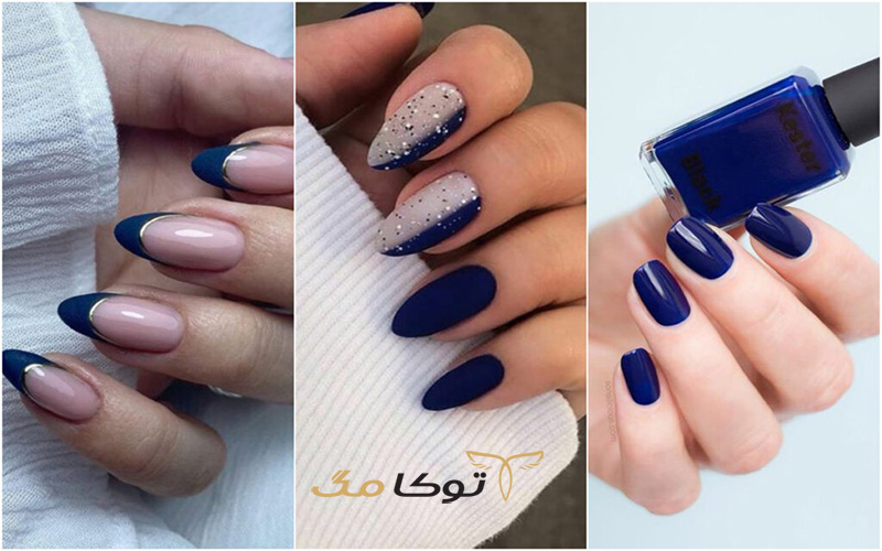 طرح جذاب رنگ آبی تیره برای ناخن مناسب پاییز