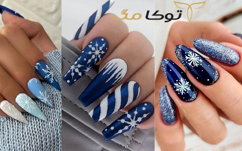 ترکیب رنگ آبی تیره و سفید برای ناخن زمستانی